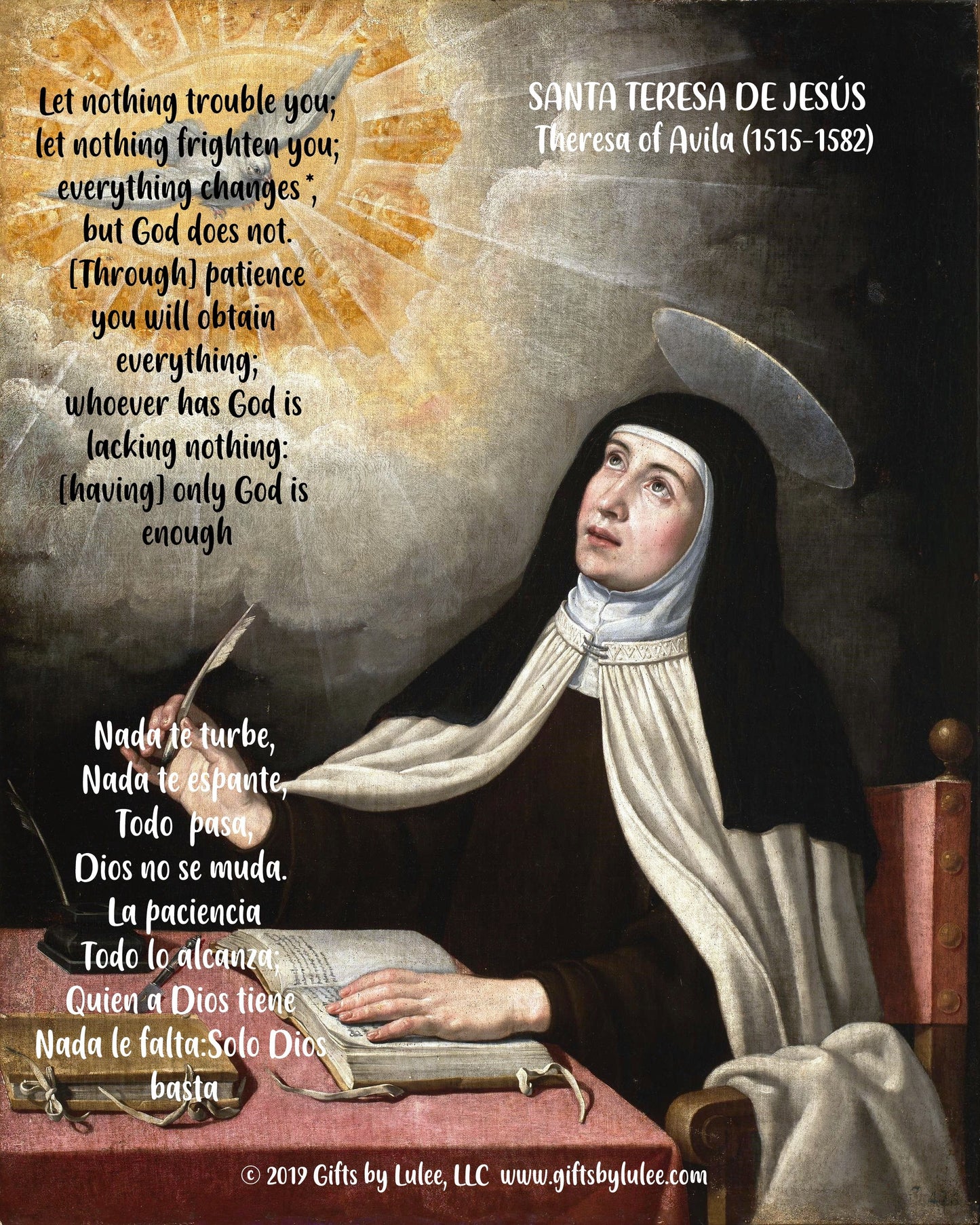 Teresa of Ávila Flameless LED Acrylic Pillar Candle with Flickering Flame Battery Operated great for places where an open flame is not allowed hospitals nursing homes dorms-Batteries included