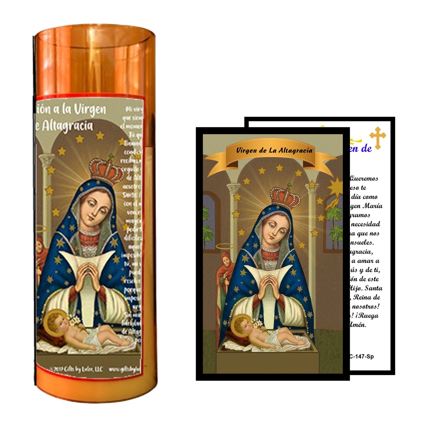 Saint Altagracia Flameless LED Acrylic Pillar Candle with Flickering Flame Battery Operated great for places where an open flame is not allowed hospitals nursing homes dorms-Batteries included