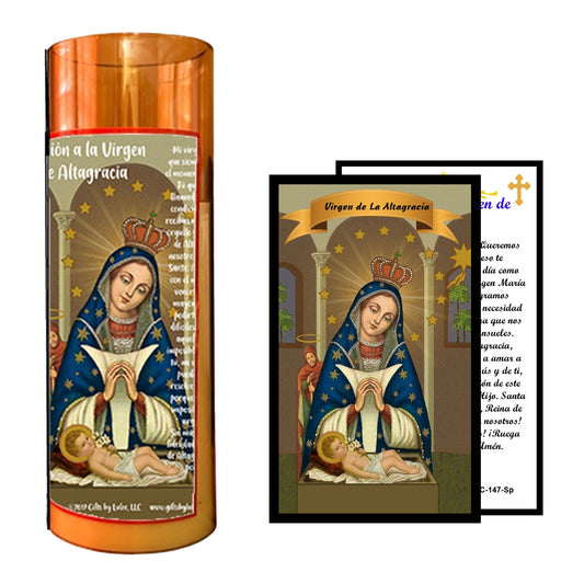 Saint Altagracia Flameless LED Acrylic Pillar Candle with Flickering Flame Battery Operated great for places where an open flame is not allowed hospitals nursing homes dorms-Batteries included
