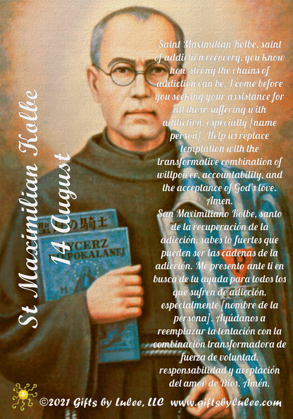 Saint Maximilian Kolbe LED Acrylic Pillar Candle with Flickering Flame Battery Operated great for places where an open flame is not allowed hospitals nursing homes dorms-Batteries included
