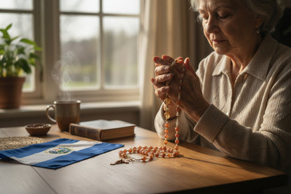 Nuestra Senora de la Paz Patrona del Salvador  con Cuentas de Cuarzo de Fuego 10mm Crucifijo Chapado en Oro Centro con Imagen a Color Incluye Tarjeta de Oracion