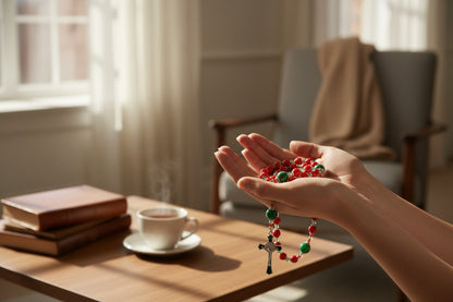 Stunning Hand Made Red and Green Glass Bead Rosary with Our Lady of Guadalupe Centerpiece