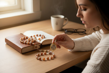 Nuestra Senora de la Paz Patrona del Salvador  con Cuentas de Cuarzo de Fuego 10mm Crucifijo Chapado en Oro Centro con Imagen a Color Incluye Tarjeta de Oracion