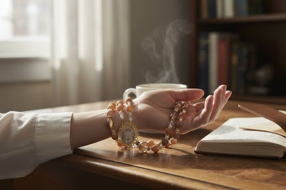 Nuestra Senora de la Paz Patrona del Salvador  con Cuentas de Cuarzo de Fuego 10mm Crucifijo Chapado en Oro Centro con Imagen a Color Incluye Tarjeta de Oracion