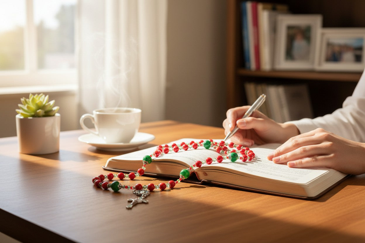 Stunning Hand Made Red and Green Glass Bead Rosary with Our Lady of Guadalupe Centerpiece