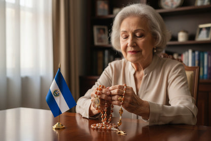 Nuestra Senora de la Paz Patrona del Salvador  con Cuentas de Cuarzo de Fuego 10mm Crucifijo Chapado en Oro Centro con Imagen a Color Incluye Tarjeta de Oracion