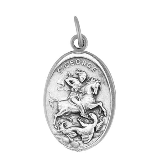 Saint George the Military Saint Patron of England Silver Oxidized Medal Stainless Steel Chain and Blessed Prayer Card (M-102+CHAIN+CARD)