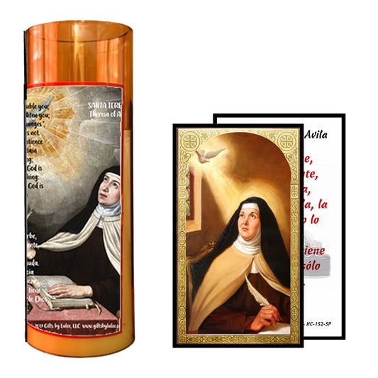 Teresa of Ávila Flameless LED Acrylic Pillar Candle with Flickering Flame Battery Operated great for places where an open flame is not allowed hospitals nursing homes dorms-Batteries included