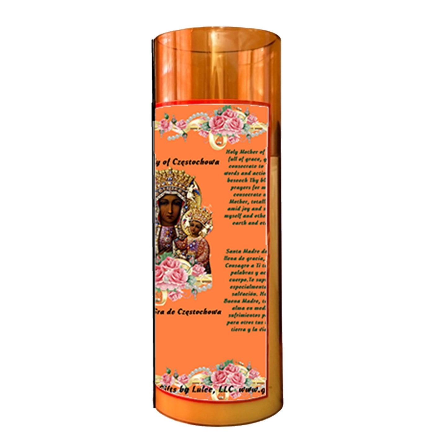 Our Lady of Częstochowa Flameless LED Acrylic Pillar Candle with Flickering Flame Battery Operated great for places where an open flame is not allowed hospitals nursing homes dorms-Batteries included