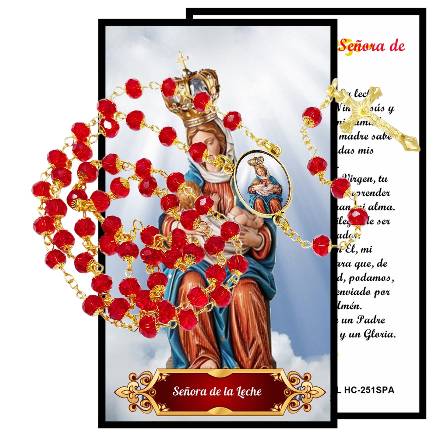 Our Lady of La Leche Patroness of Mothers and Breasfeeding Handcrafted Scarlett Red Crystal Rosary with All Capped Beads Gold Plated Findings a Cabochon Bezel Center with Color Image and Gold Includes a Prayer Card IN ENGLISH