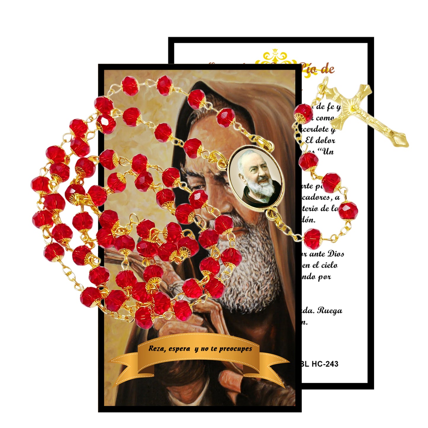 Padre Pio of Pietrelcinia Patron of Healing and Civil Engineers Handcrafted Scarlett Red Crystal Rosary with All Capped Beads Gold Plated Findings a Cabochon Bezel Center with Color Image and Gold Includes a Prayer Card IN ENGLISH