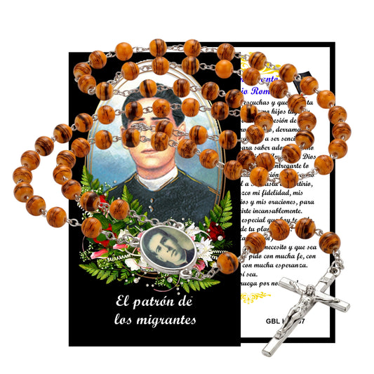 Santo Toribio Romo Patron de los Migrantes rosario artesanal con cuentas de cristal color azafran y ambar con accesorios y crucifijo bañados en plata, centro tipo cabujón con imagen a color Incluye tarjeta de oración EN ESPAÑOL
