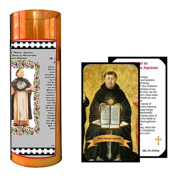 Saint Aquinas Flameless LED Acrylic Pillar Candle with Flickering Flame Battery Operated great for places where an open flame is not allowed hospitals nursing homes dorms-Batteries included