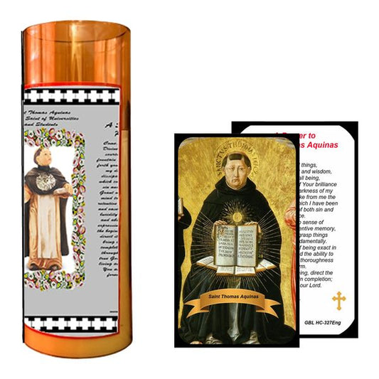 Saint Aquinas Flameless LED Acrylic Pillar Candle with Flickering Flame Battery Operated great for places where an open flame is not allowed hospitals nursing homes dorms-Batteries included