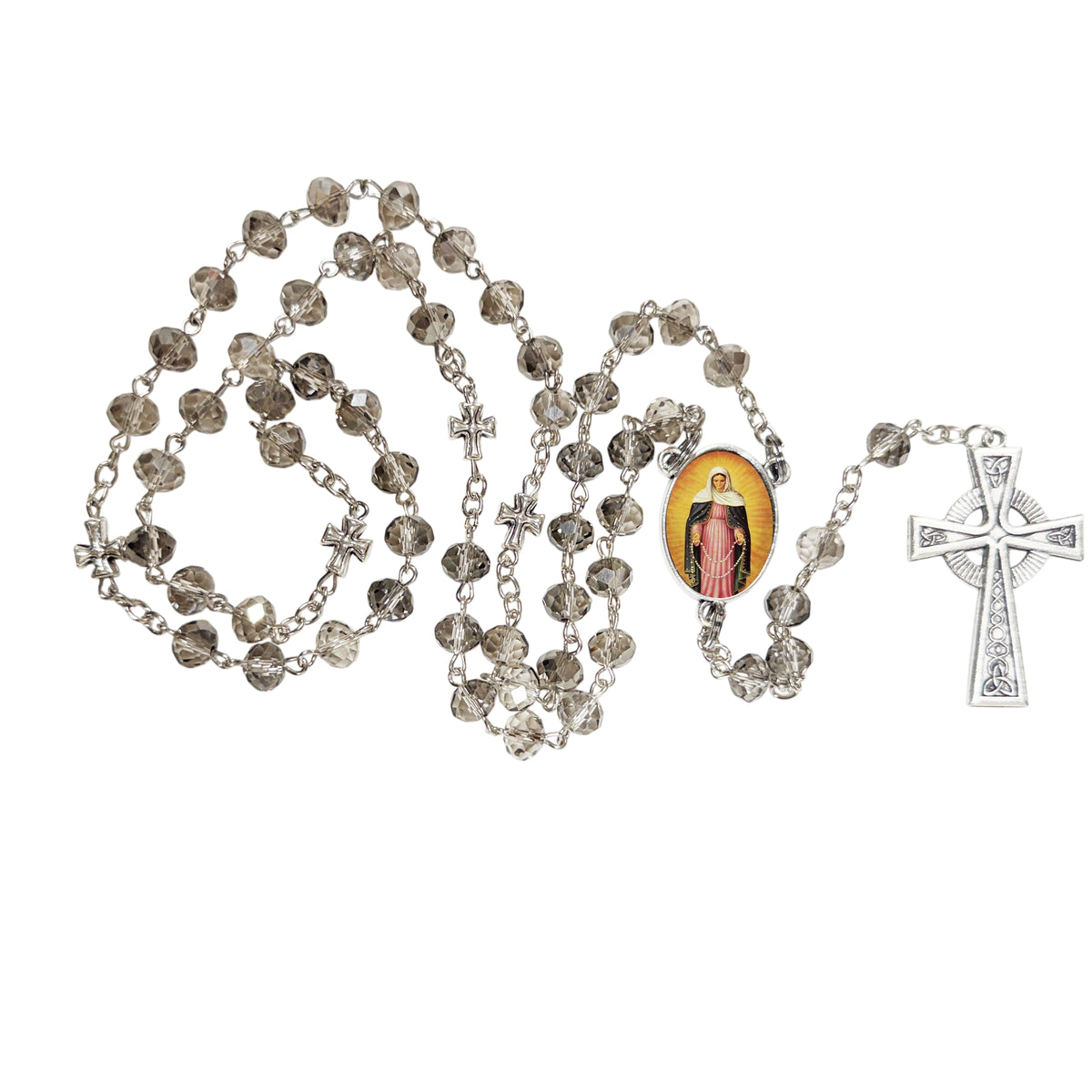 Our Lady of Tears Nossa Senhora das Lágrimas Brazilian Marian Devotion Handcrafted Smoke Quartz Crystal Rosary with Silver‑Plated Crucifix and Color Image Centerpiece – Cross Pater Nosters and Prayer Card Included