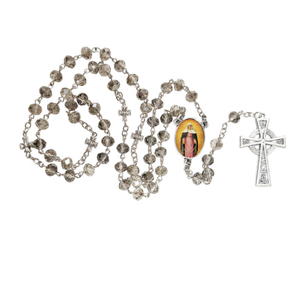 Our Lady of Tears Nossa Senhora das Lágrimas Brazilian Marian Devotion Handcrafted Smoke Quartz Crystal Rosary with Silver‑Plated Crucifix and Color Image Centerpiece – Cross Pater Nosters and Prayer Card Included