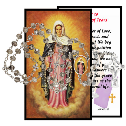 Our Lady of Tears Nossa Senhora das Lágrimas Brazilian Marian Devotion Handcrafted Smoke Quartz Crystal Rosary with Silver‑Plated Crucifix and Color Image Centerpiece – Cross Pater Nosters and Prayer Card Included