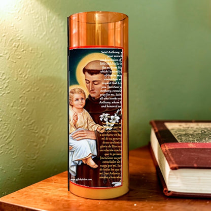 Saint Anthony Flameless LED Acrylic Pillar Candle with Flickering Flame Battery Operated great for places where an open flame is not allowed hospitals nursing homes dorms-Batteries included