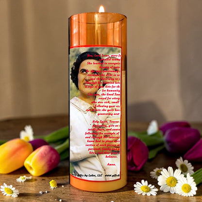 Saint Gianna Beretta Molla LED Acrylic Pillar Candle with Flickering Flame Battery Operated great for places where an open flame is not allowed hospitals nursing homes dorms-Batteries included