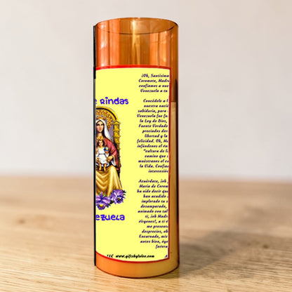 Our Lady of Coromoto LED Acrylic Pillar Candle with Flickering Flame Battery Operated great for places where an open flame is not allowed hospitals nursing homes dorms-Batteries included