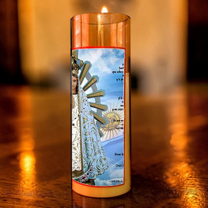 Our Lady of Luján LED Acrylic Pillar Candle with Flickering Flame Battery Operated great for places where an open flame is not allowed hospitals nursing homes dorms-Batteries included
