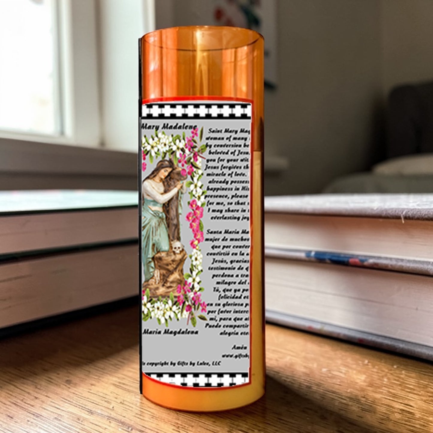 Saint Mary Magdalene LED Acrylic Pillar Candle with Flickering Flame Battery Operated great for places where an open flame is not allowed hospitals nursing homes dorms-Batteries included