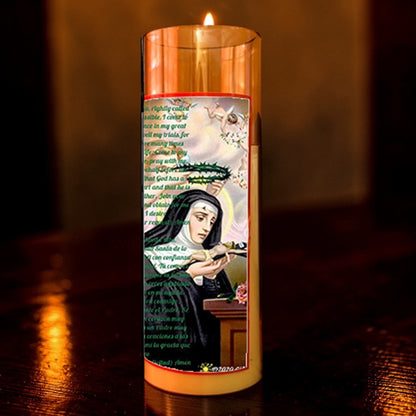 Saint Rita LED Acrylic Pillar Candle with Flickering Flame Battery Operated great for places where an open flame is not allowed hospitals nursing homes dorms-Batteries included
