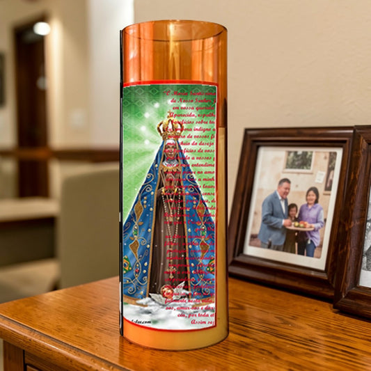 Nuestra Señora Aparecida Flameless LED Acrylic Pillar Candle with Flickering Flame Battery Operated great for places where an open flame is not allowed hospitals nursing homes dorms-Batteries included