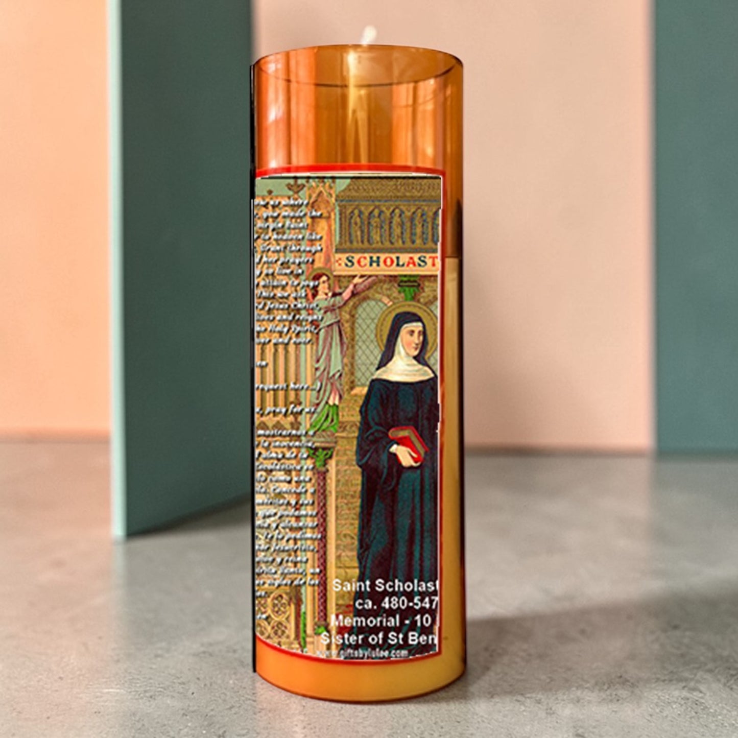 Saint Scholastica LED Acrylic Pillar Candle with Flickering Flame Battery Operated great for places where an open flame is not allowed hospitals nursing homes dorms-Batteries included