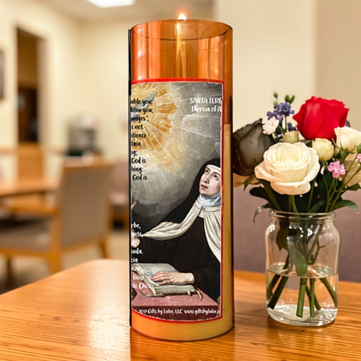 Teresa of Ávila Flameless LED Acrylic Pillar Candle with Flickering Flame Battery Operated great for places where an open flame is not allowed hospitals nursing homes dorms-Batteries included