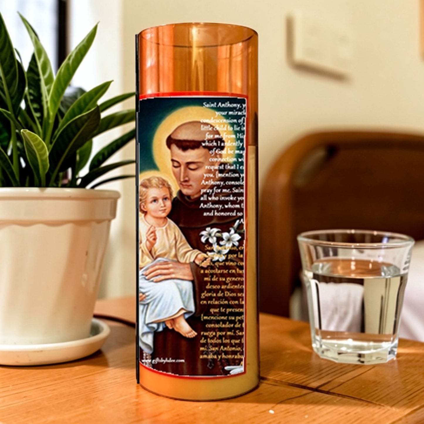Saint Anthony Flameless LED Acrylic Pillar Candle with Flickering Flame Battery Operated great for places where an open flame is not allowed hospitals nursing homes dorms-Batteries included