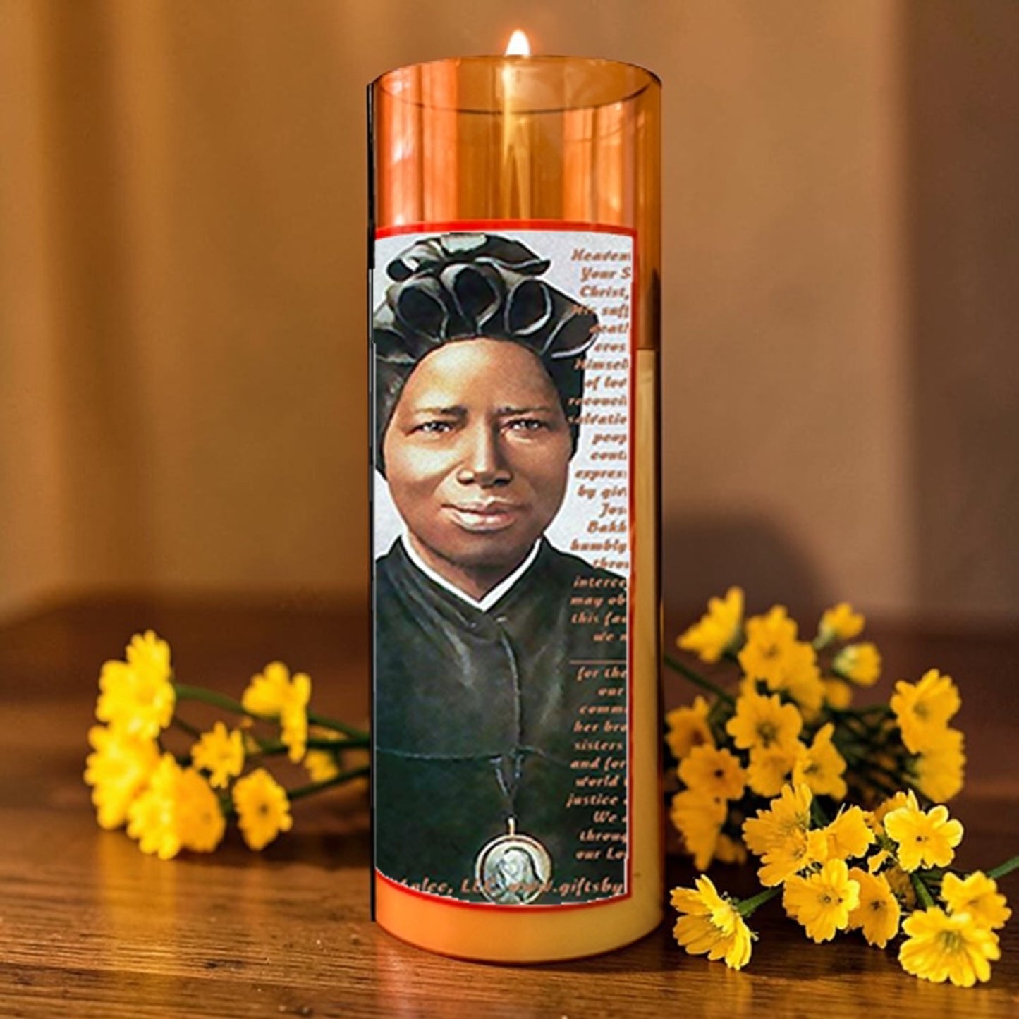 Saint Josephine Bakhita LED Acrylic Pillar Candle with Flickering Flame Battery Operated great for places where an open flame is not allowed hospitals nursing homes dorms-Batteries included