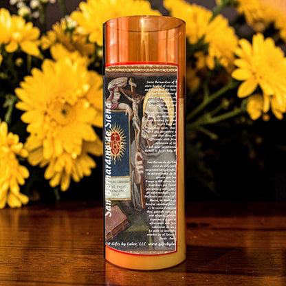 Saint Bernardino of Siena LED Acrylic Pillar Candle with Flickering Flame Battery Operated great for places where an open flame is not allowed hospitals nursing homes dorms-Batteries included