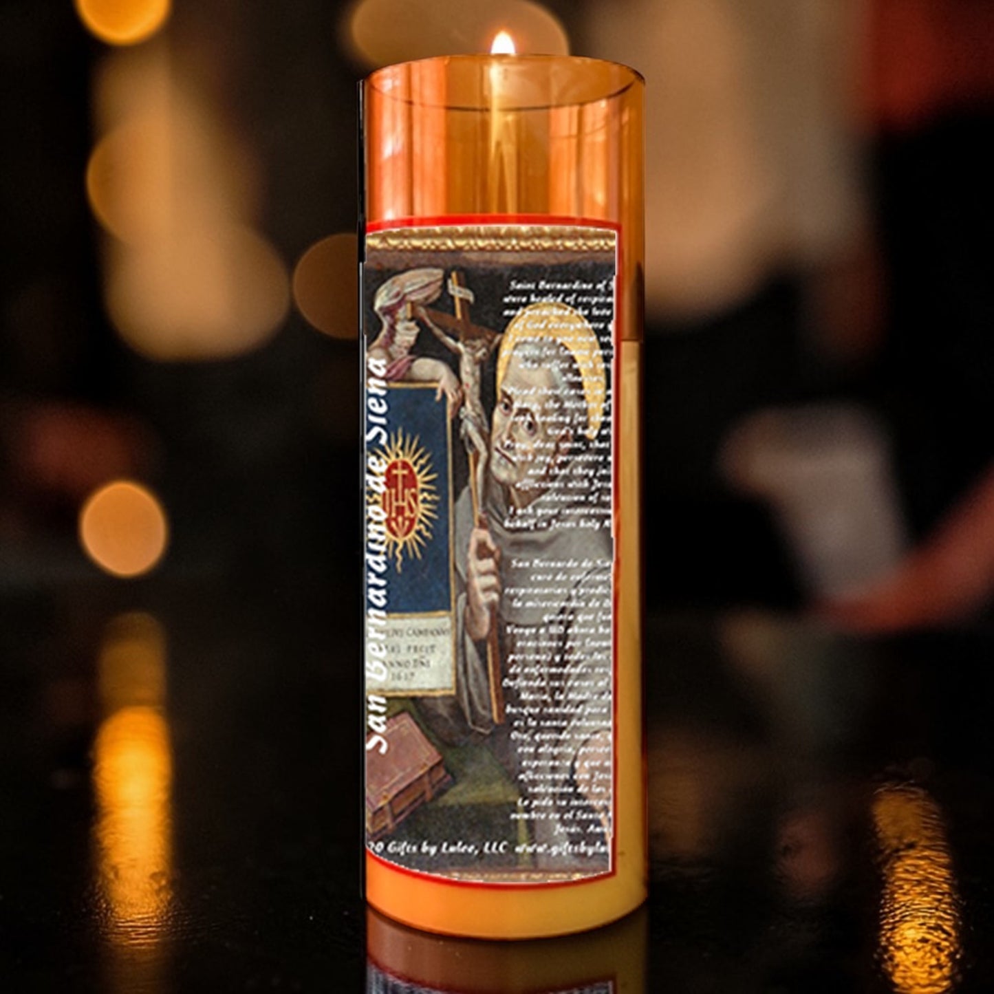 Saint Bernardino of Siena LED Acrylic Pillar Candle with Flickering Flame Battery Operated great for places where an open flame is not allowed hospitals nursing homes dorms-Batteries included