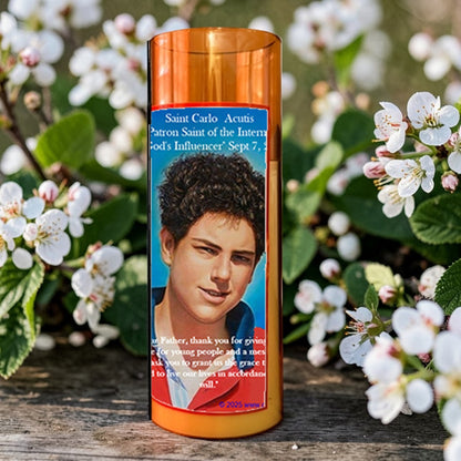 Saint Carlo Acutis LED Acrylic Pillar Candle with Flickering Flame Battery Operated great for places where an open flame is not allowed hospitals nursing homes dorms-Batteries included