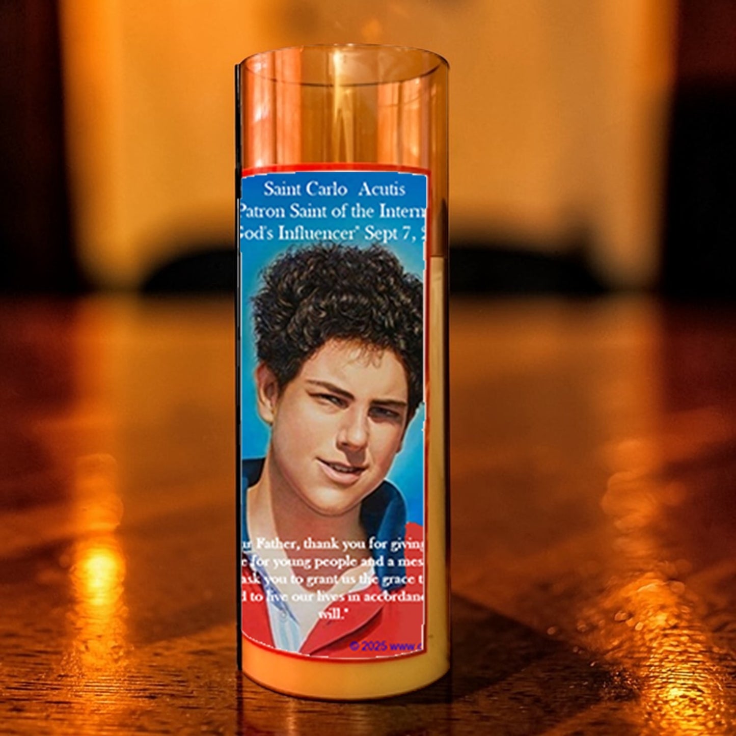 Saint Carlo Acutis LED Acrylic Pillar Candle with Flickering Flame Battery Operated great for places where an open flame is not allowed hospitals nursing homes dorms-Batteries included