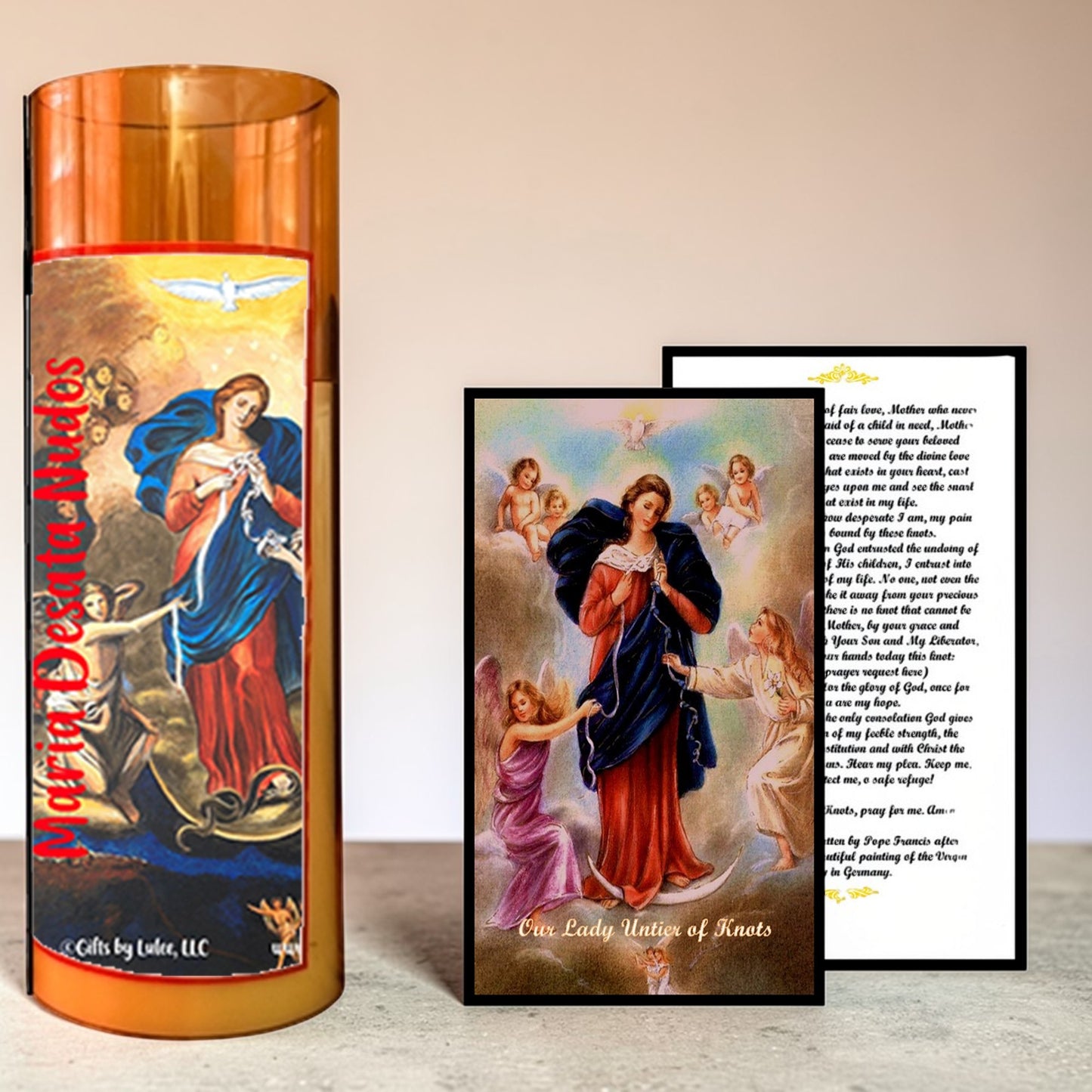 Our Lady of Knots La Virgen Desatanudos LED Acrylic Pillar Candle with Flickering Flame Battery Operated great for places where an open flame is not allowed hospitals nursing homes dorms-Batteries included