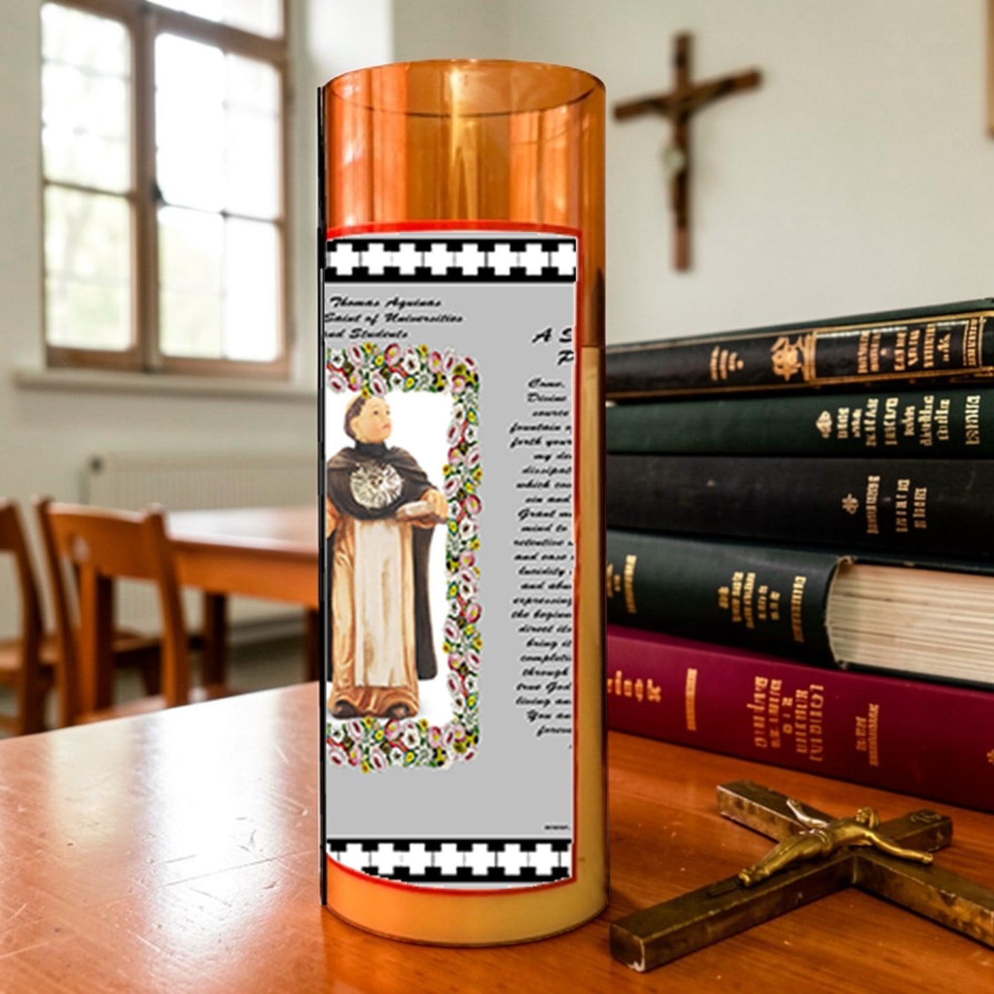 Saint Aquinas Flameless LED Acrylic Pillar Candle with Flickering Flame Battery Operated great for places where an open flame is not allowed hospitals nursing homes dorms-Batteries included