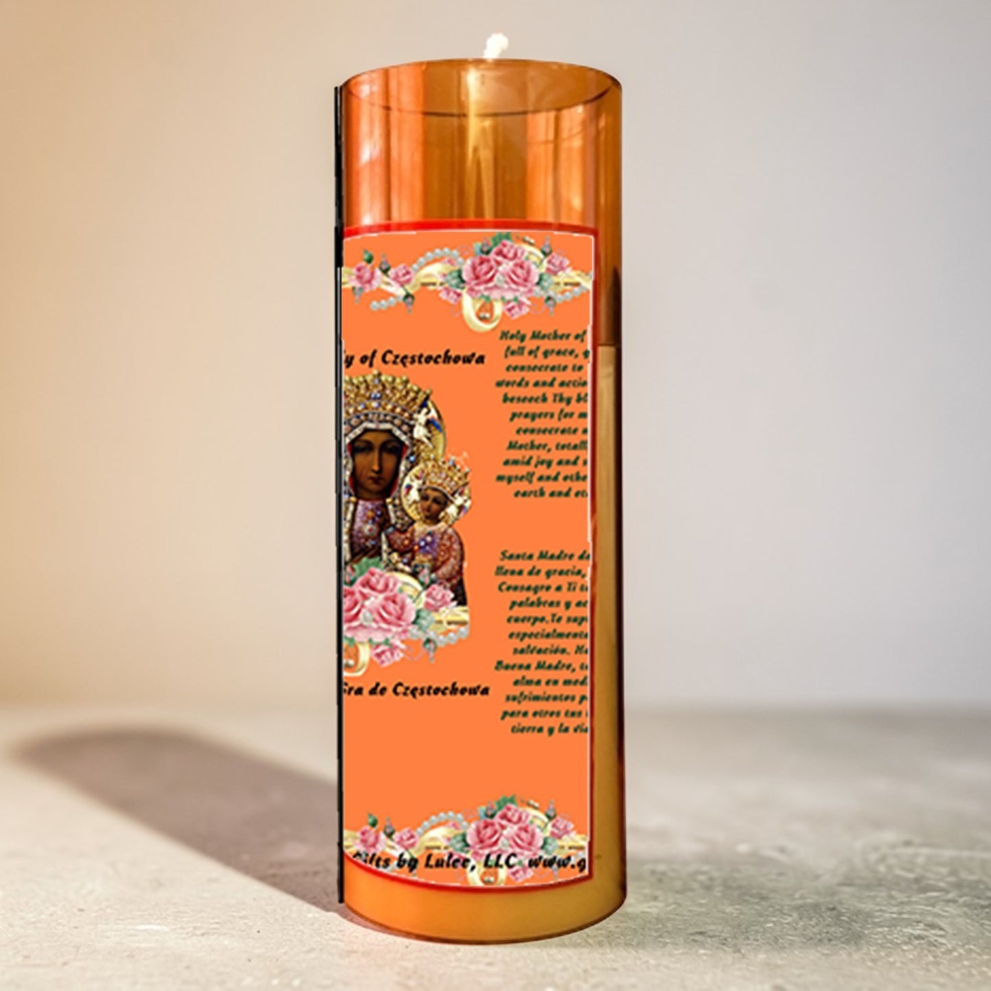 Our Lady of Częstochowa Flameless LED Acrylic Pillar Candle with Flickering Flame Battery Operated great for places where an open flame is not allowed hospitals nursing homes dorms-Batteries included