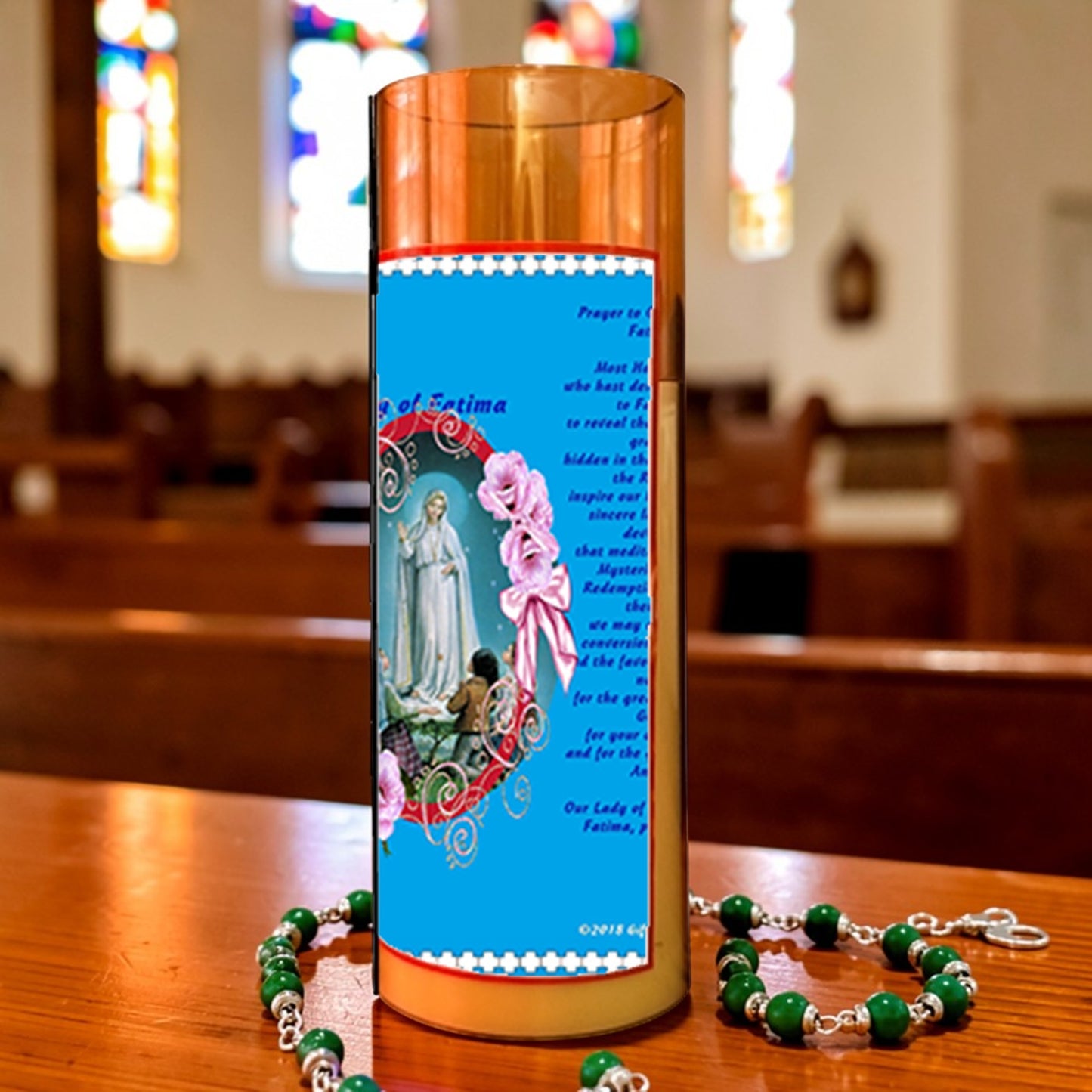 Our Lady of Fátima LED Acrylic Pillar Candle with Flickering Flame Battery Operated great for places where an open flame is not allowed hospitals nursing homes dorms-Batteries included