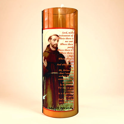 Saint Francis LED Acrylic Pillar Candle with Flickering Flame Battery Operated great for places where an open flame is not allowed hospitals nursing homes dorms-Batteries included