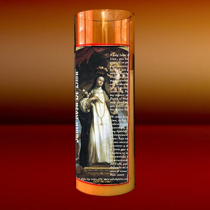 Saint Rose of Lima LED Acrylic Pillar Candle with Flickering Flame Battery Operated great for places where an open flame is not allowed hospitals nursing homes dorms-Batteries included
