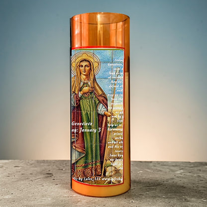 Saint Genevieve LED Acrylic Pillar Candle with Flickering Flame Battery Operated great for places where an open flame is not allowed hospitals nursing homes dorms-Batteries included