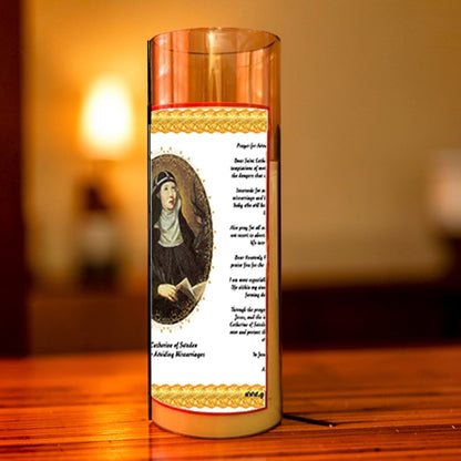 Saint Catherine of Sweden Flameless LED Acrylic Pillar Candle with Flickering Flame Battery Operated great for places where an open flame is not allowed hospitals nursing homes dorms-Batteries included