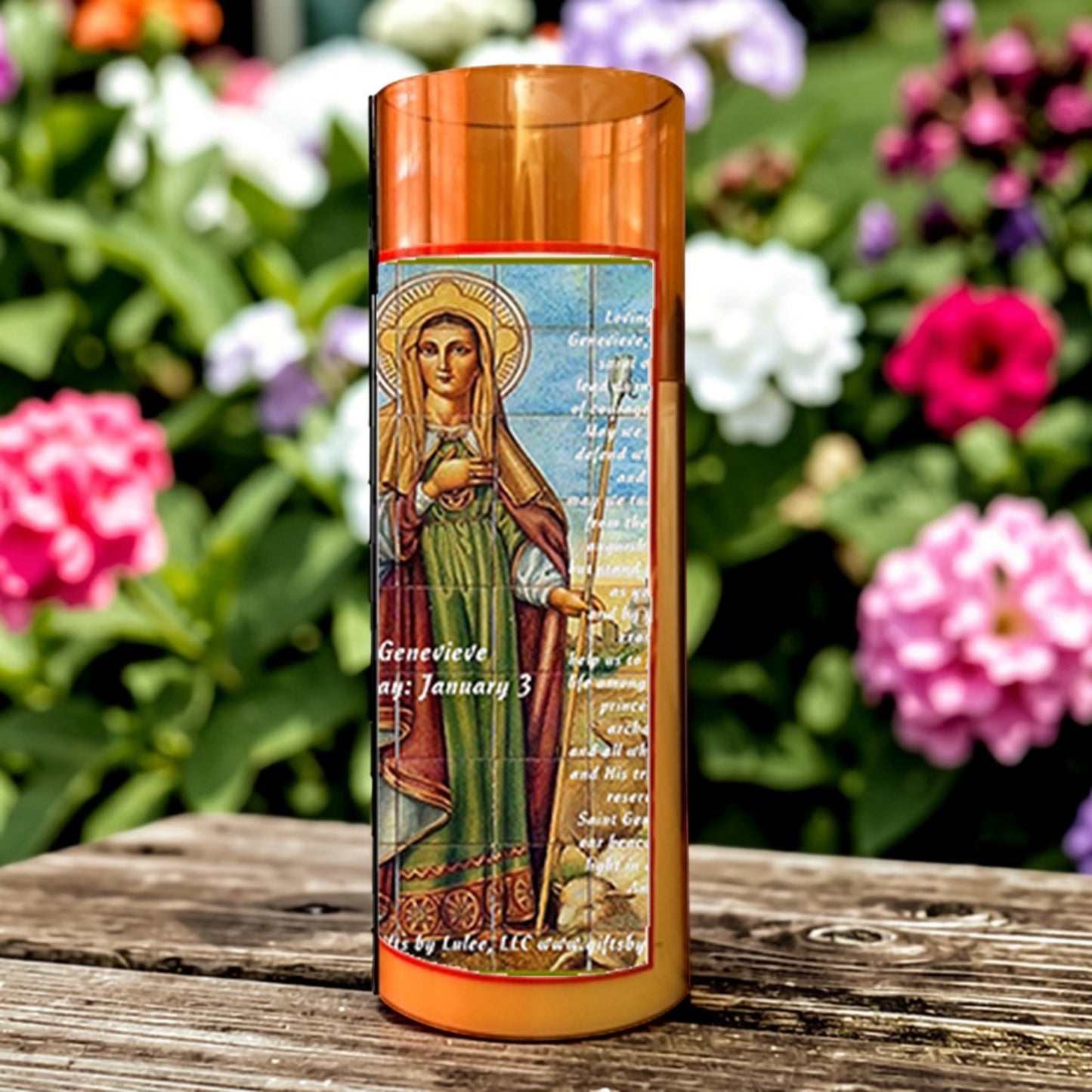 Saint Genevieve LED Acrylic Pillar Candle with Flickering Flame Battery Operated great for places where an open flame is not allowed hospitals nursing homes dorms-Batteries included