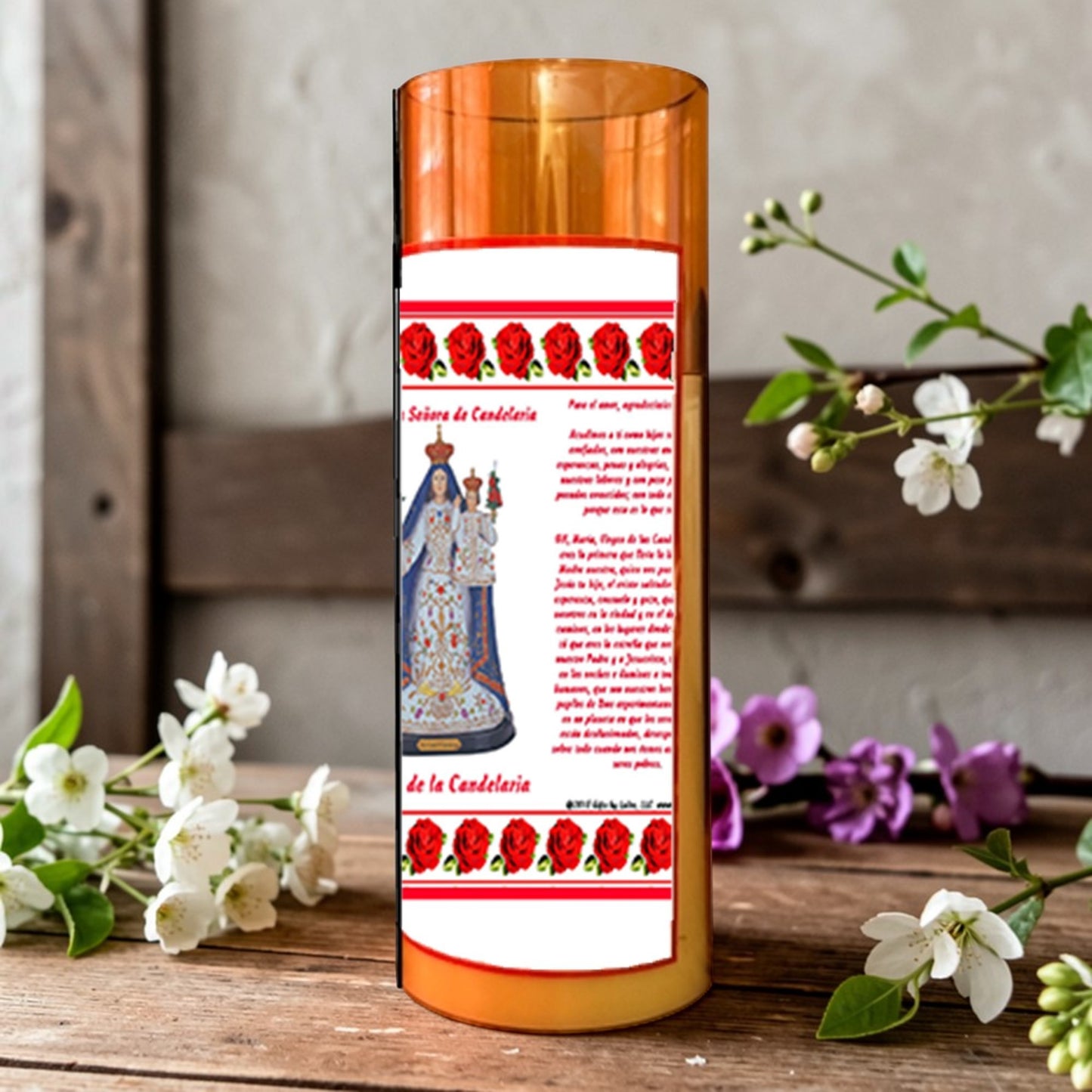La Virgen de la Candelaria Flameless LED Acrylic Pillar Candle with Flickering Flame Battery Operated great for places where an open flame is not allowed hospitals nursing homes dorms-Batteries included