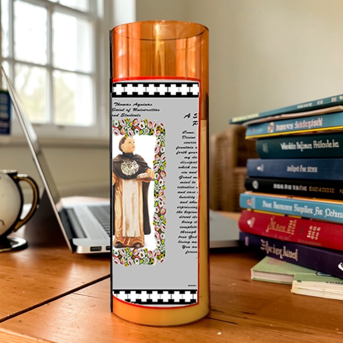 Saint Aquinas Flameless LED Acrylic Pillar Candle with Flickering Flame Battery Operated great for places where an open flame is not allowed hospitals nursing homes dorms-Batteries included