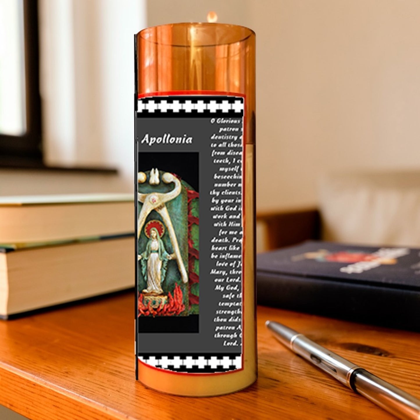 Saint Apollonia Flameless LED Acrylic Pillar Candle with Flickering Flame Battery Operated great for places where an open flame is not allowed hospitals nursing homes dorms-Batteries included